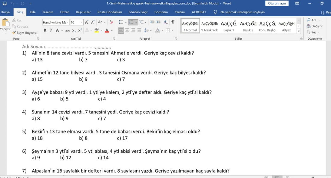 1. Sınıf Matematik Toplama Çıkarma Problemleri