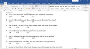 1. Sınıf Matematik Toplama Çıkarma Problemleri