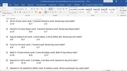 1. Sınıf Matematik Toplama Çıkarma Problemleri