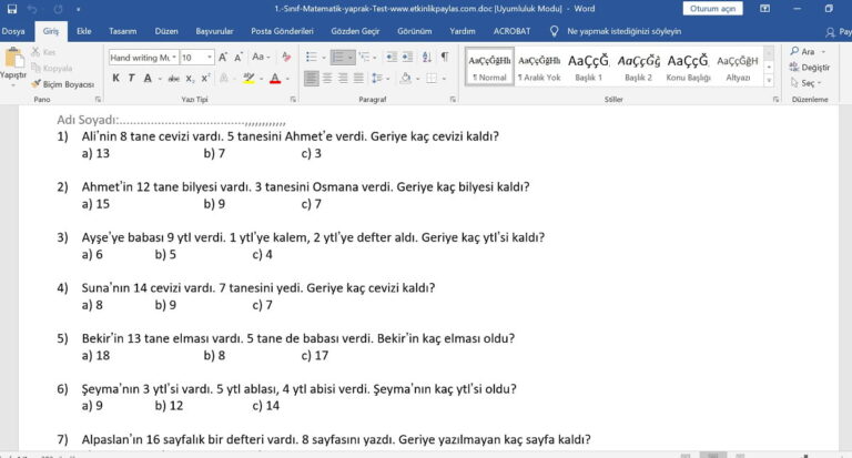 1. Sınıf Matematik Toplama Çıkarma Problemleri