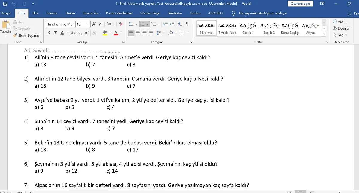 1. Sınıf Matematik Toplama Çıkarma Problemleri