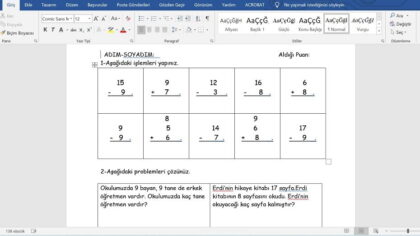 1. Sınıf Matematik Toplama İşlemi Çalışma Kağıtları