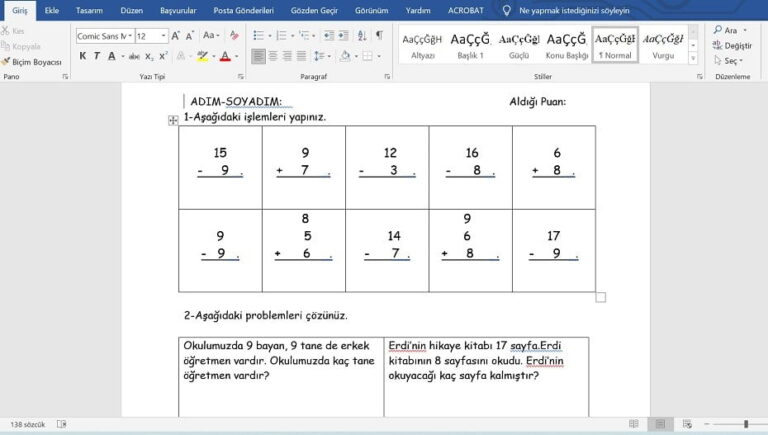 1. Sınıf Matematik Toplama İşlemi Çalışma Kağıtları