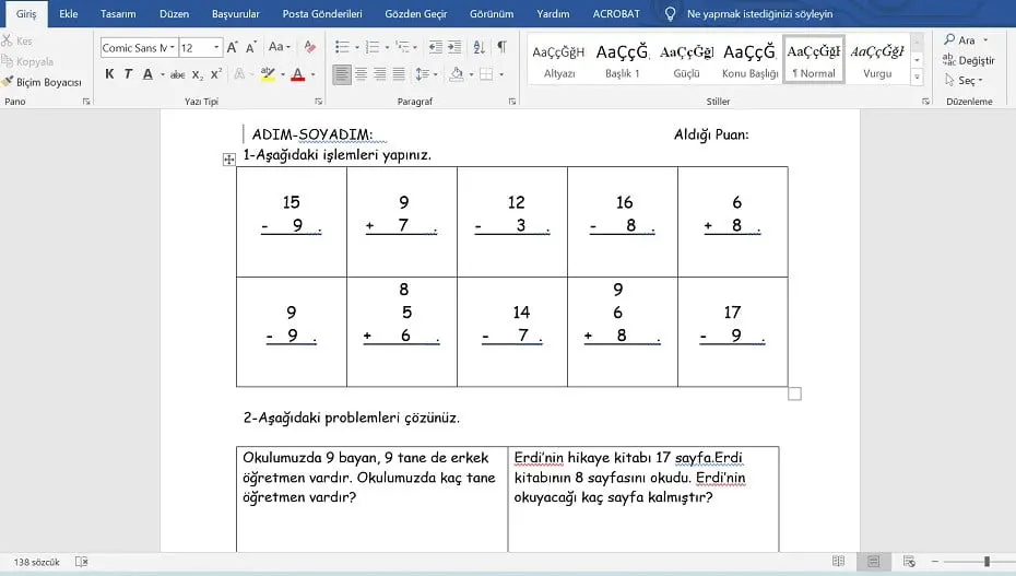 1. Sınıf Matematik Toplama İşlemi Çalışma Kağıtları