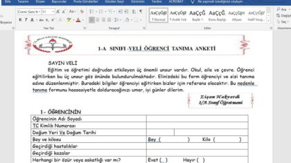 1. Sınıf Veli Tanıma Anketi: Başarılı Bir Okul Başlangıcı İçin Kapsamlı Form