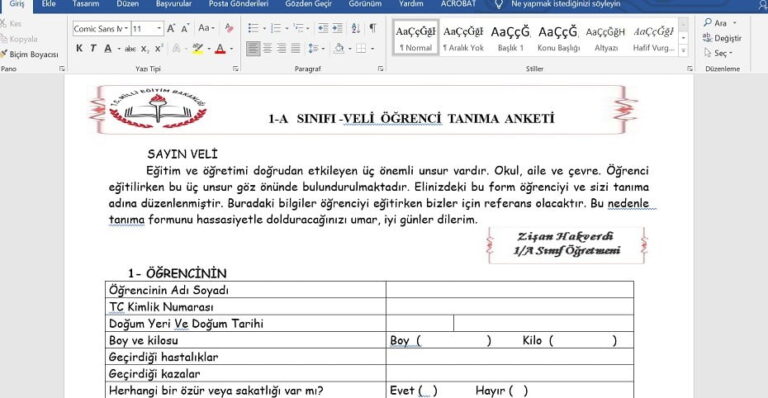 1. Sınıf Veli Tanıma Anketi: Başarılı Bir Okul Başlangıcı İçin Kapsamlı Form