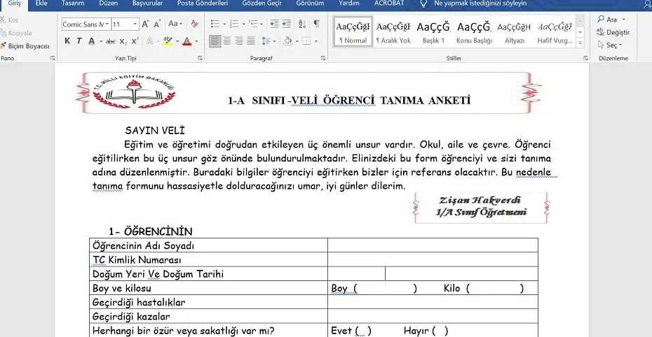 1. Sınıf Veli Tanıma Anketi - Örnek