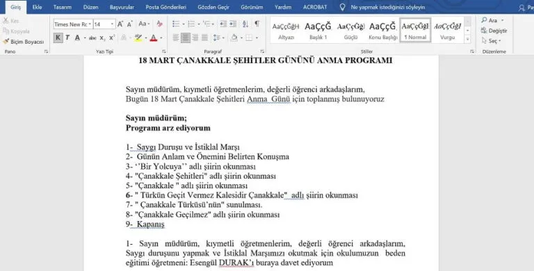 18 Mart Çanakkale Şehitlerini Anma Programı ve Şiirleri – Word