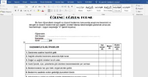 2. Sınıf Hayat Bilgisi Dengeli ve Düzenli Beslenme Gözlem Formu