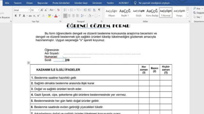 2. Sınıf Hayat Bilgisi Dengeli ve Düzenli Beslenme Gözlem Formu