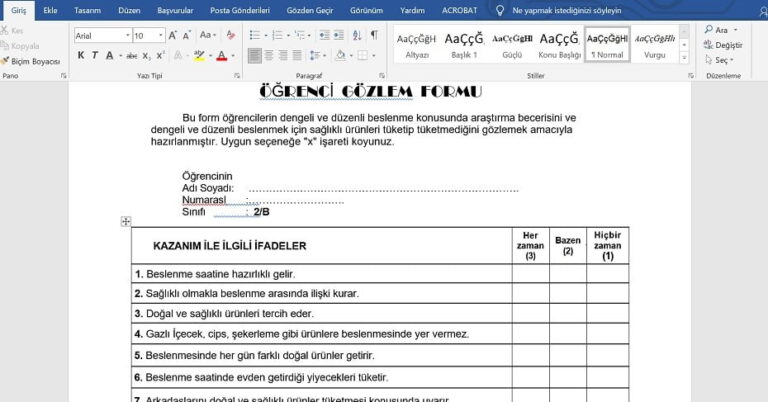 2. Sınıf Hayat Bilgisi Dengeli ve Düzenli Beslenme Gözlem Formu
