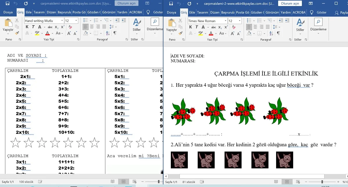 2. Sınıf Matematik Çarpma İşlemi Etkinlikleri