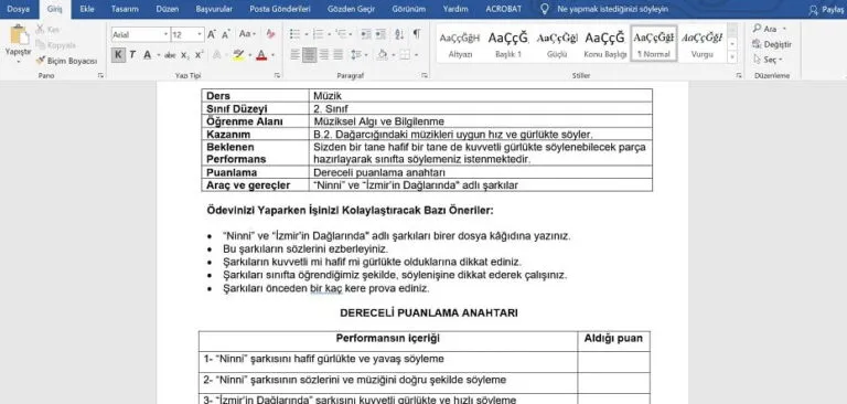 2. Sınıf Müzik Performans Ödevi: Word Dosyaları ve Dereceli Puanlama Formu