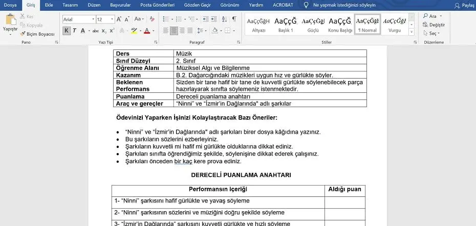 2. Sınıf Müzik Performans Ödevi