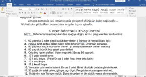 3. Sınıf İhtiyaç Listesi – word
