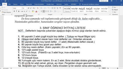 3. Sınıf İhtiyaç Listesi – word