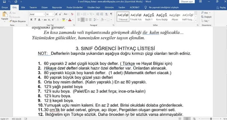 1. Sınıf ve 2. Sınıf İhtiyaç Listesi – word