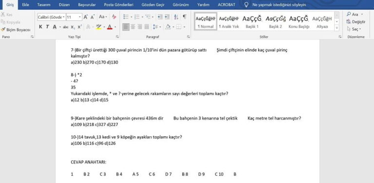 3. Sınıf Matematik Yazılı Soruları – Word – doc | Ücretsiz ve Güncel