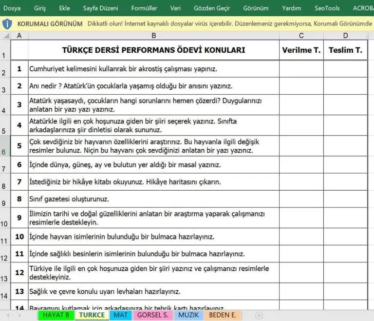 3. Sınıf Performans Ödevi Konuları (Matematik-Türkçe- Hayat Bilgisi)