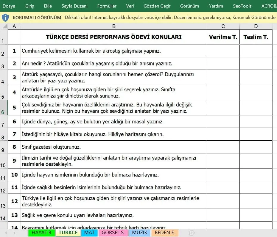 3. Sınıf Performans Ödevi Konuları (Matematik-Türkçe- Hayat Bilgisi)
