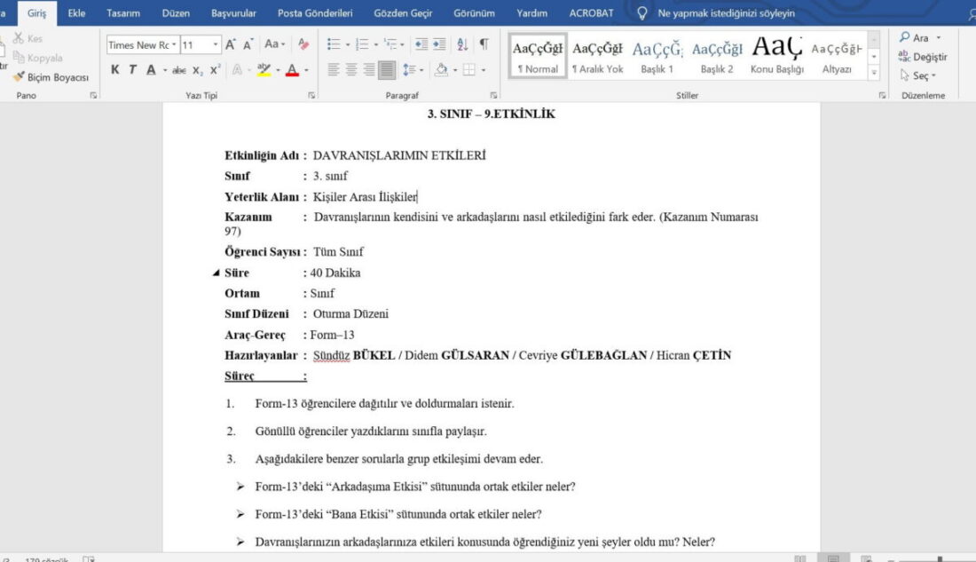 3. Sınıf Rehberlik Davranışlarımın Etkileri Etkinliği