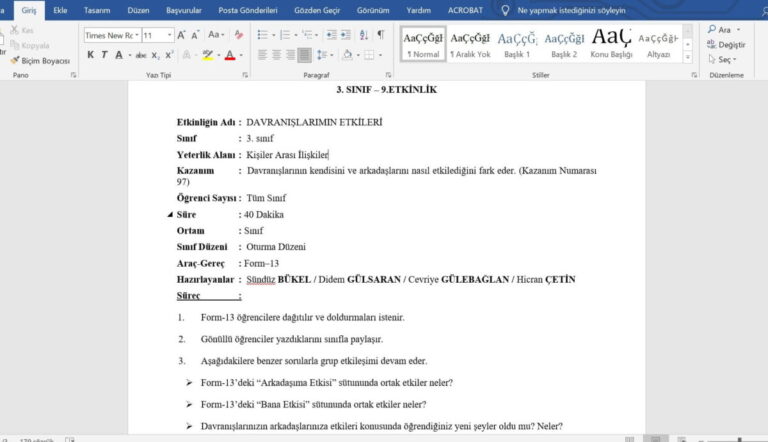 3. Sınıf Rehberlik Davranışlarımın Etkileri Etkinliği