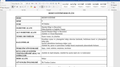6. Sınıf Beden Eğitimi Günlük Ders Planları – Toplu Word Formatında İndirin