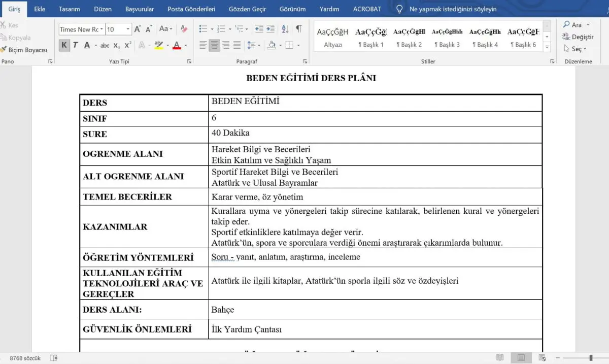 6. Sınıf Beden Eğitimi Günlük Ders Planları - Toplu Halde word