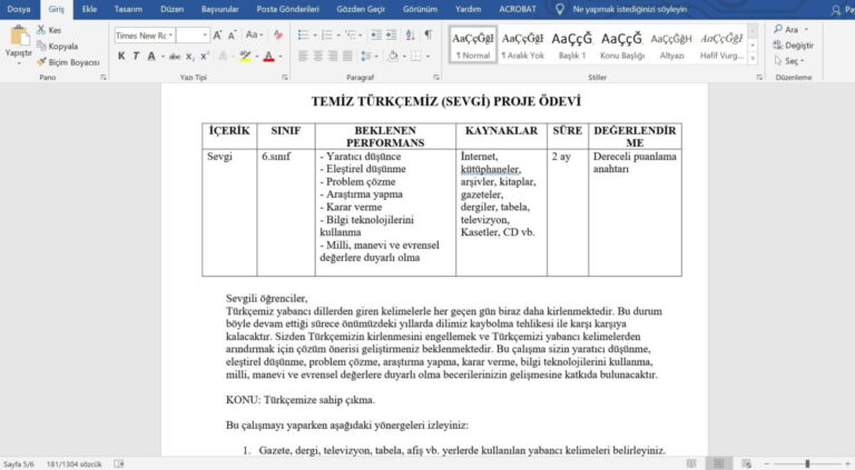 6. Sınıf Türkçe İçin Maarif Modeli Proje ve Performans Ödevi Örnekleri