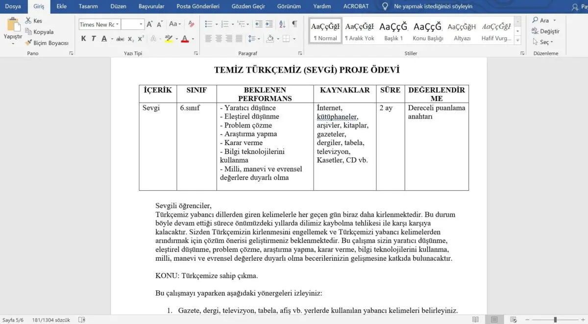 6. Sınıf Türkçe Proje ve Performans Ödevleri