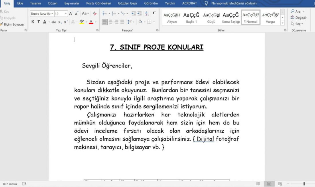 7. Sınıf Türkçe Performans ve Proje Ödev Konuları – Word