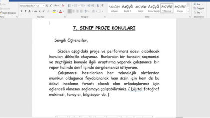 7. Sınıf Türkçe Performans ve Proje Ödev Konuları – Word