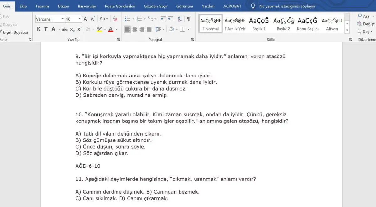 Atasözleri – Özdeyişler – Deyimler- Terimler Yaprak Testi