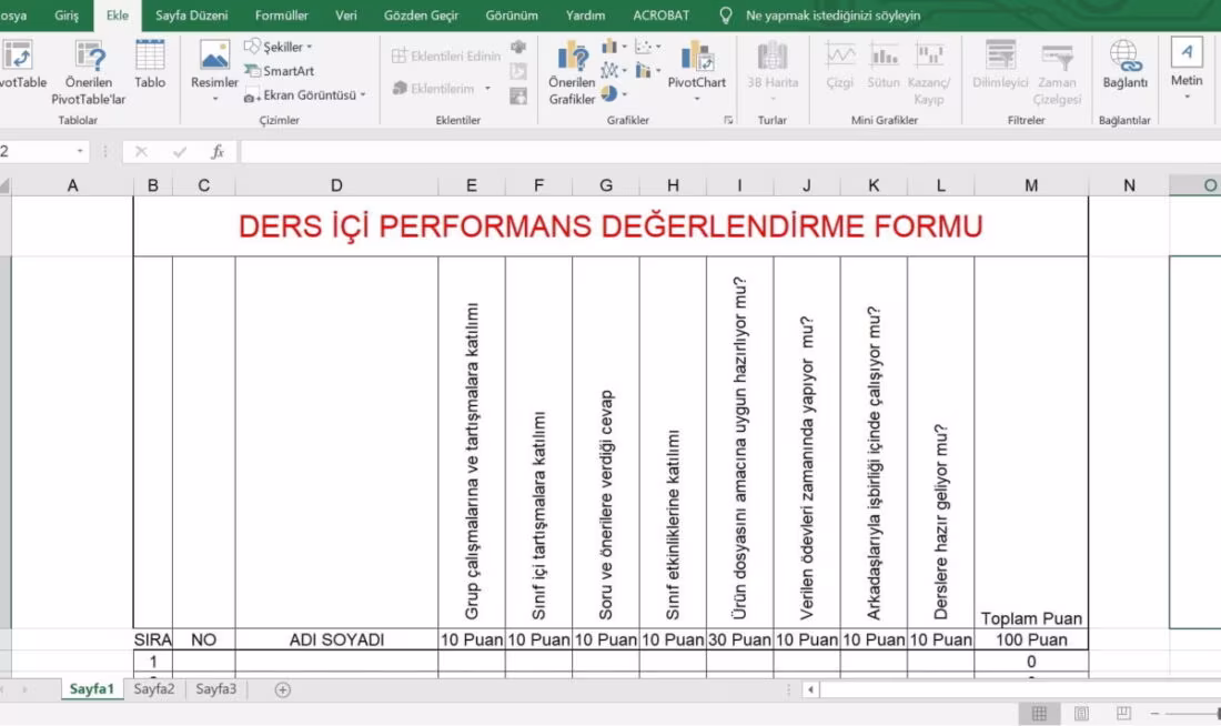 Ders İçi Performans Değerlendirme Formu – Excel Hesaplamalı