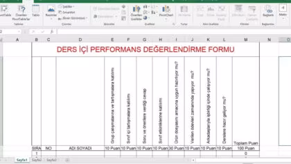 Ders İçi Performans Değerlendirme Formu – Excel Hesaplamalı