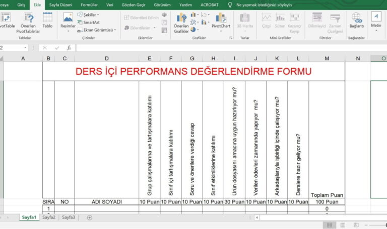 Ders İçi Performans Değerlendirme Formu – Excel Hesaplamalı