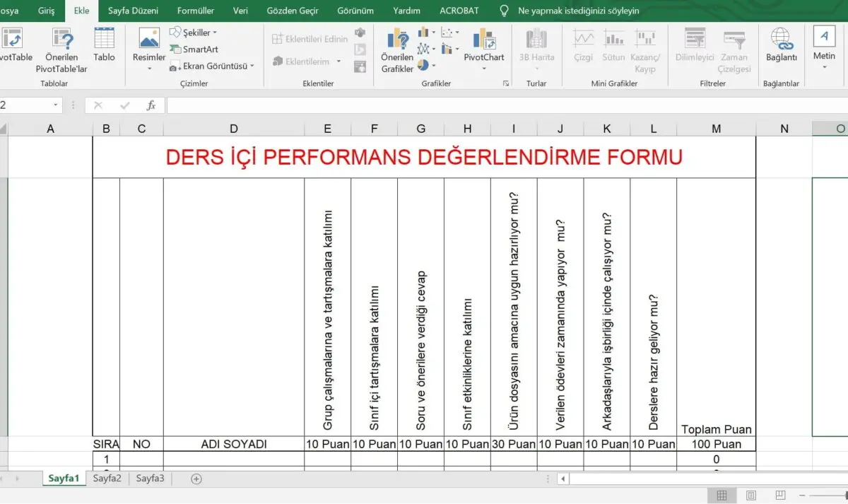 Ders İçi Performans Değerlendirme Formu - Excel Hesaplamalı