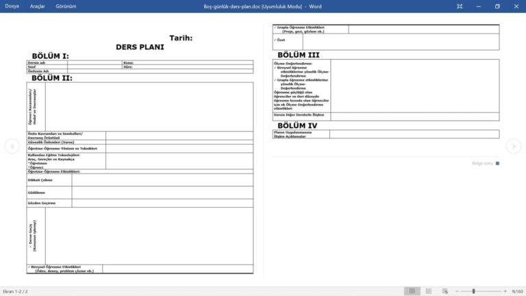 Ders Planı Örneği – Günlük – word ve pdf