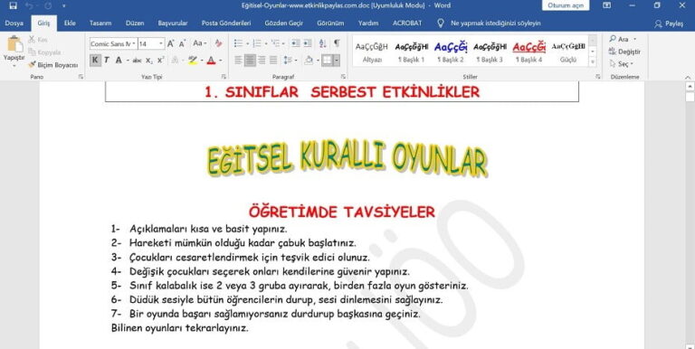 Eğitsel Oyunlar – Sınıfça Oynanan Oyunlar – word