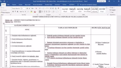 Enerji Verimliliği Kulübü Yıllık Çalışma Planı: Hazır Şablonlar