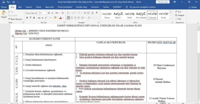 Enerji Verimliliği Kulübü Yıllık Çalışma Planı: Hazır Şablonlar