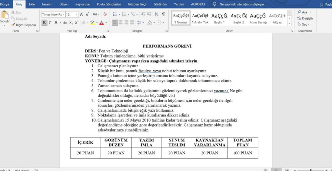 Fen Bilgisi Performans ve Proje Ödev Örnekleri