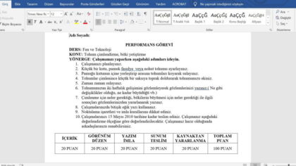 Fen Bilgisi Performans ve Proje Ödev Örnekleri