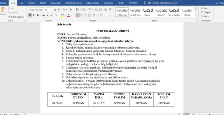 Fen Bilgisi Performans ve Proje Ödev Örnekleri