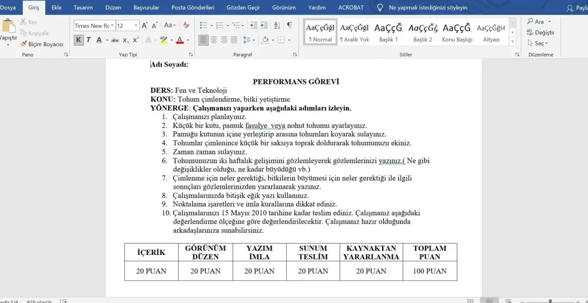 Fen Bilgisi Performans ve Proje Ödev Örnekleri
