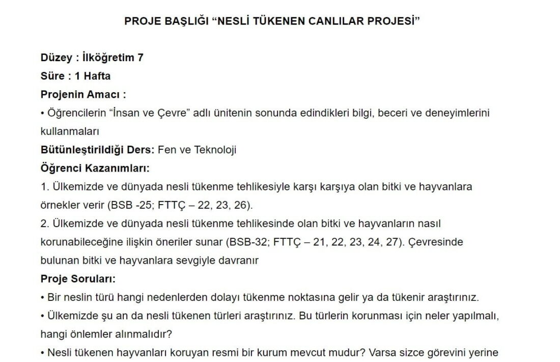 Fen Bilgisi Proje Ödevi “NESLİ TÜKENEN CANLILAR PROJESİ”