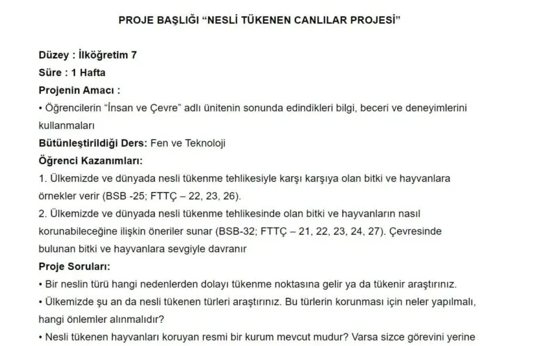 Fen Bilgisi Proje Ödevi “NESLİ TÜKENEN CANLILAR PROJESİ”