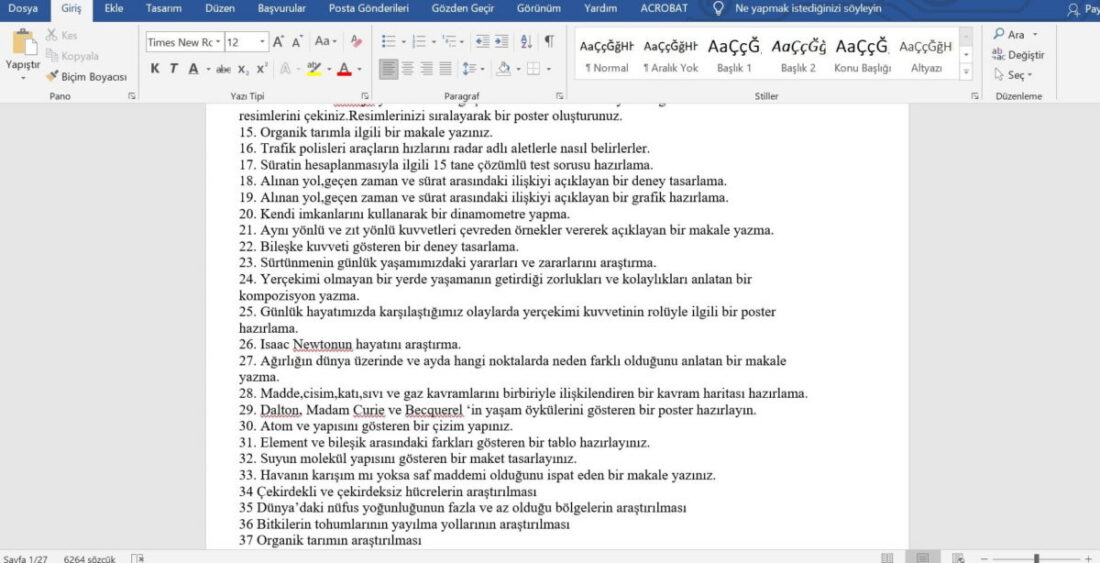 5-6-7-8. Sınıf Fen Bilimleri Proje ve Performans Konuları