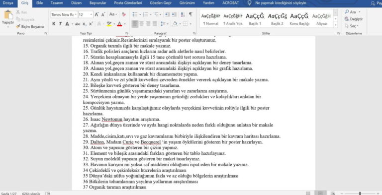 5-6-7-8. Sınıf Fen Bilimleri Proje ve Performans Konuları