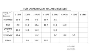 Fizik Laboratuvarı Kullanım Çizelgesi